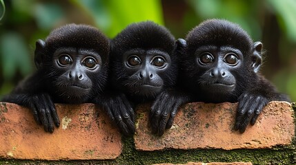 Three adorable black howler monkey babies peeking over a brick wall, looking curiously at the camera.