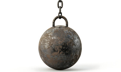 A Hanging Wrecking Ball Isolated on a White Background, Ready for Demolition Work, Highlighting Its Heavy Duty Chain and Metal Surface in a Clean and Simple Setting