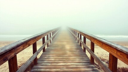  A wooden path to the beach through the mist with a bench at its end