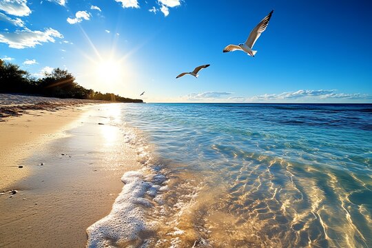 Beautiful birds flying over a sunlit beach in a travel/adventure image, highlighting the connection between land and sea