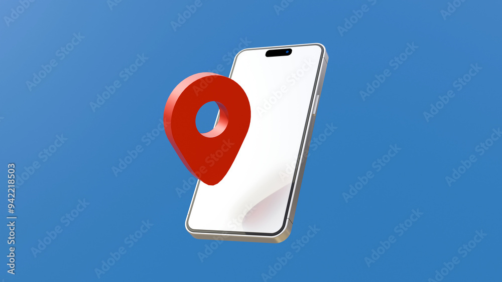 Poster gps and navigation symbol and blank screen smartphone on blue background. map pin icon on blank scre