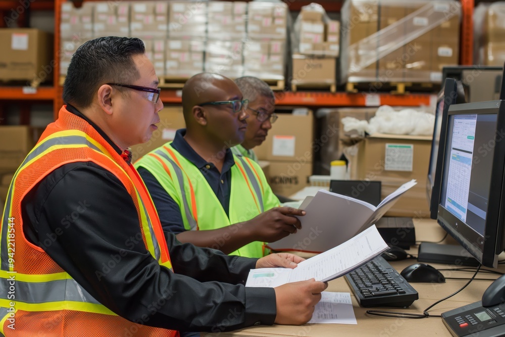Poster A group of three workers in safety vests collaborate at a warehouse, using a computer for efficient inventory management. They work in an organized environment with shelves and boxes