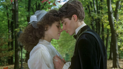 Young couple is enjoying a romantic moment in a lush green forest