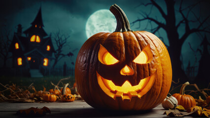 Spooky jack-o'-lantern pumpkin with a haunted house in the full moon background