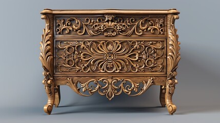 Ornate wooden chest of drawers with intricate carvings, isolated on a grey background.