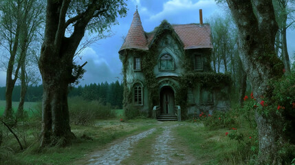 Obraz premium Fairytale witch house surrounded by enchanted forest