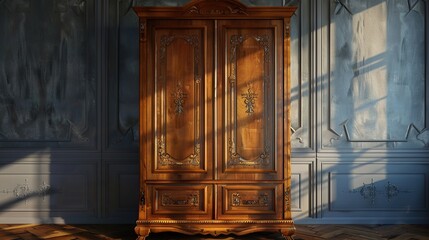 Ornate wooden cabinet with two doors and two drawers, in an interior with gray walls and wooden floors.