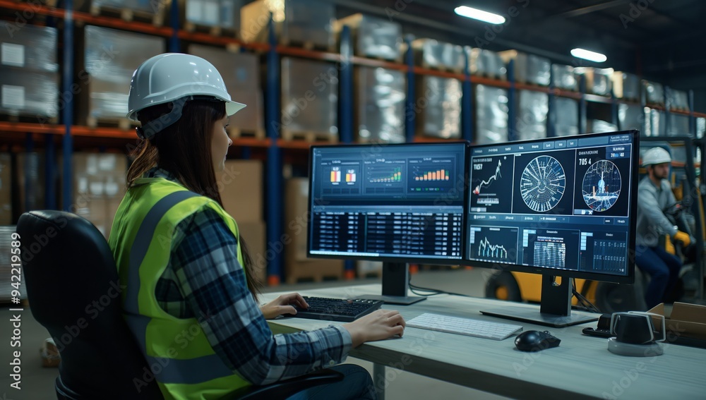 Poster in an industrial warehouse, a worker in safety gear monitors inventory on shelves using computer scr