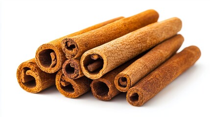 A pile of cinnamon sticks on a white background