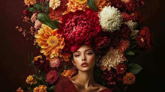 A woman poses gracefully, adorned with a stunning array of large autumn flowers, including peonies and chrysanthemums, against a rich burgundy backdrop that enhances the vibrant colors.