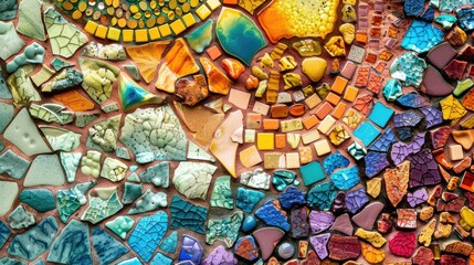 A close-up of a colorful mosaic with various textures and shapes