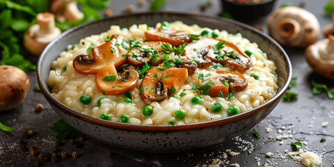 Fototapeta premium Pea and Mushroom Risotto with champignon mushrooms and green peas.