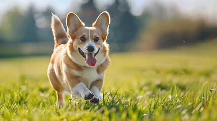 A Happy Welsh Corgi Dog Running on a Green Meadow, Its Short Legs Moving Quickly and Ears Perked Up, Full of Energy and Joy as It Enjoys the Outdoors
