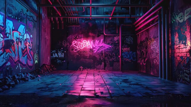 Empty urban alleyway with graffiti walls illuminated by neon light. - Powered by Adobe