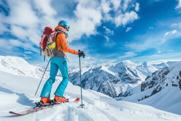 A skier is enjoying a winter vacation in the snowy mountains, providing a mix of fun, relaxation, and adventure. Perfect for travel lovers looking for an active holiday experience