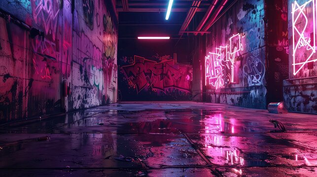A wet, dark alley lit by pink neon lights with graffiti on the walls.