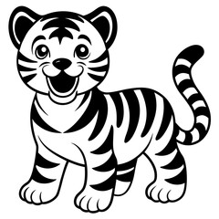 Baby Tiger illustration design uses only 3 colors red, pink and black, Smiling and happy on a white background.