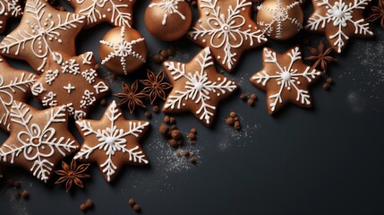 Christmas background with gingerbread cookies. Christmas greeting card with gingerbread cookies over grey background, top view. Flat lay with copy space for xmas greetings.