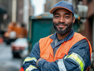 A proud sanitation worker stands confidently on a city street wearing an orange uniform and cap while preparing for the day’s tasks
