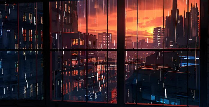 rainy night window view music video background for youtube cartoon modern london uk motion graphics, cinematic panorama dramatic scene drama romantic urban building landscape animation 2d animated