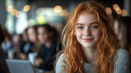Naklejka premium Smiling Redhead Woman in Cafe