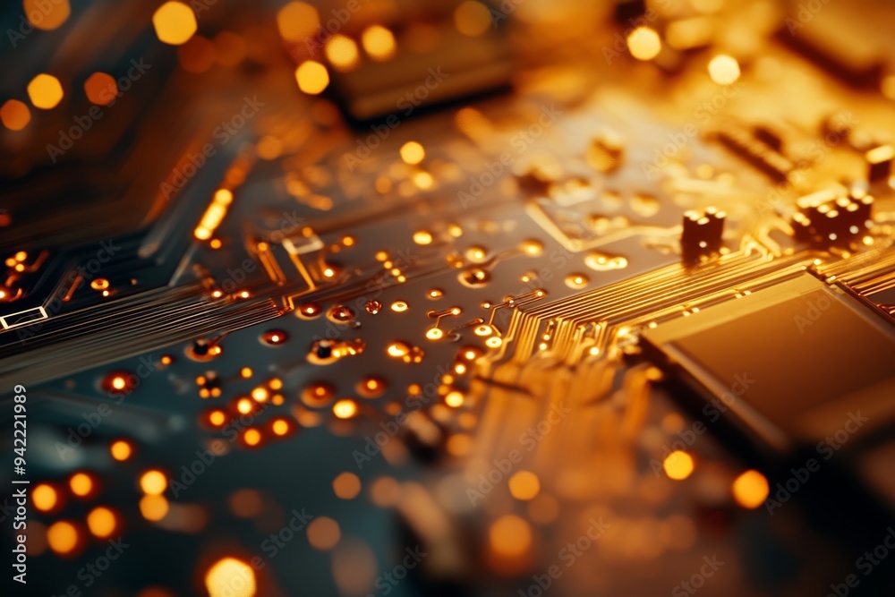 Poster a detailed closeup view of intricate and complex circuitry on a microchip, showcasing the advanced t