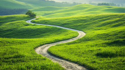 Obraz premium A long, winding road cuts through a lush green field