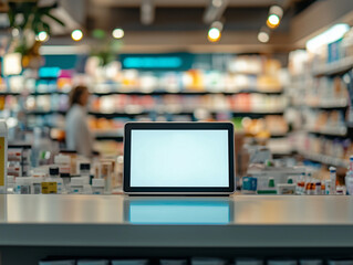 A blank screen on a modern counter surrounded by shelves filled with various products in a well-lit pharmacy during daytime