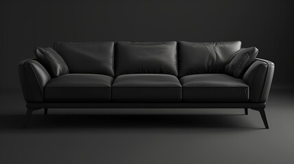 Black Leather Sofa with Minimalist Design on a Grey Background.