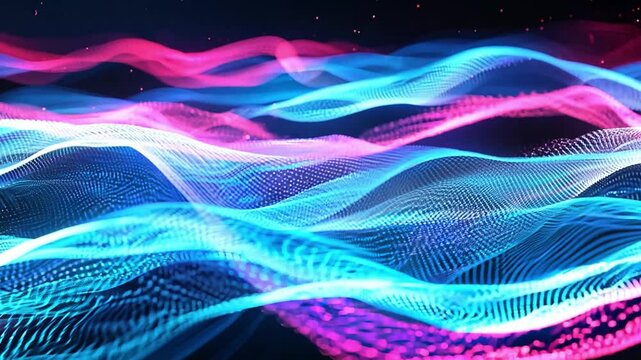 Colorful waves of light flow smoothly, creating a vibrant and energetic visual rhythm in a dark background.