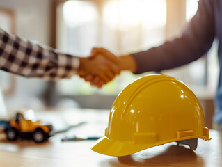 A construction handshake symbolizes partnership and commitment to safety at a job site during daylight hours