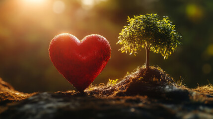 Fototapeta premium Red heart with trees growing under the light. World environment day. Reforestation concept. 