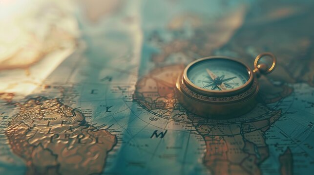 wanderlust and explore concept, old compass lying on map, top view, space for text, vintage toned image