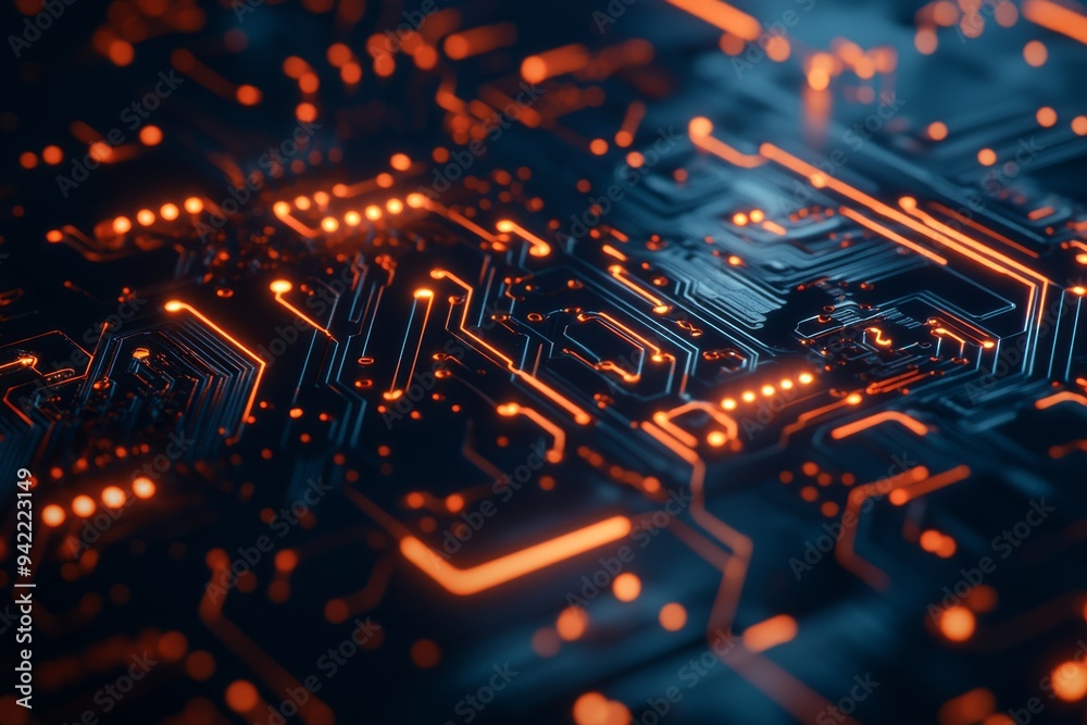 Poster this is a detailed and intricate view of modern electronics featuring advanced circuitry on a microc