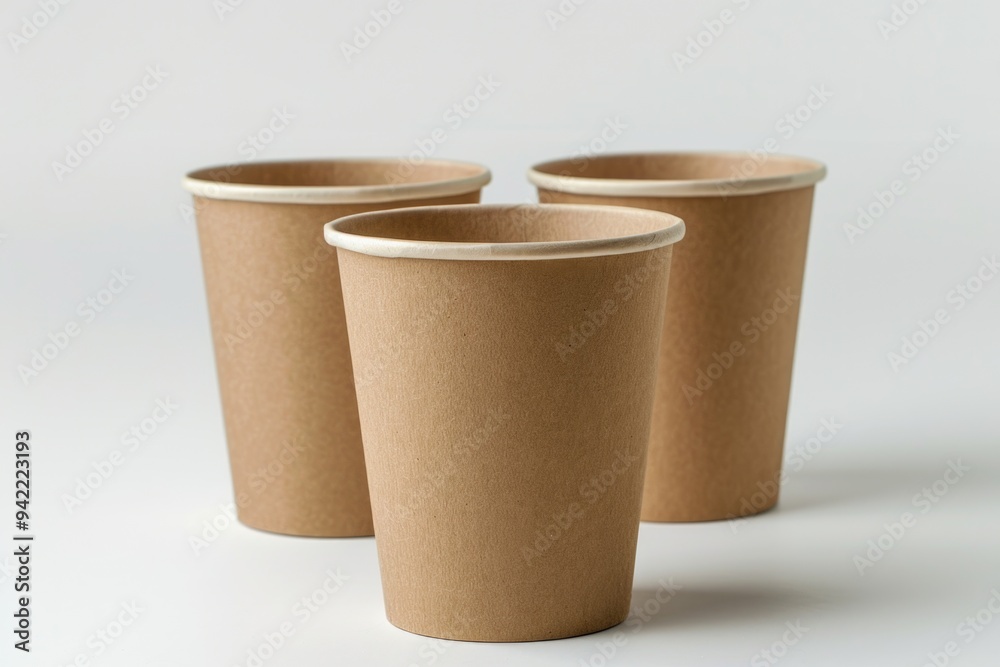 Poster three brown paper cups sit on a table, ready for use