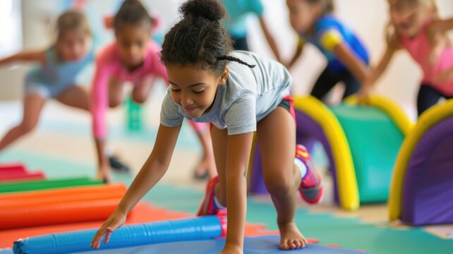 Kids Engaged in Fun Obstacle Course at Gym Class - Powered by Adobe