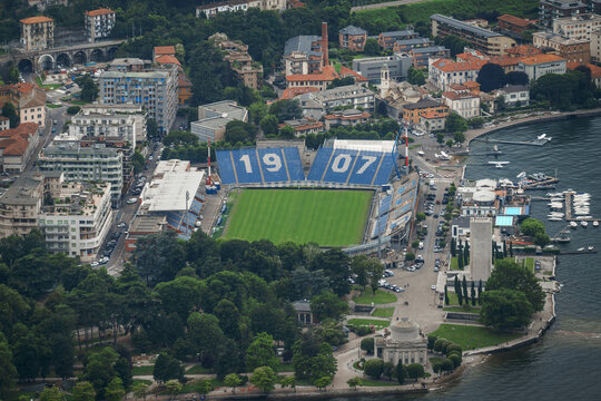 Como, Italy - July 26th 2024. Aerial view of Stadio Giuseppe Sinigaglia, home to football club Como 1907, located by Lake Como.