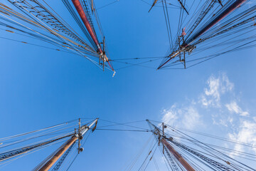 USA, Massachusetts, Cape Ann, Gloucester. Gloucester Schooner Festival, schooner masts at dawn.
