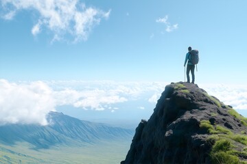 Lone hiker standing on a mountain peak, overlooking a vast landscape with a bright blue sky and clouds, symbolizing adventure and freedom.

