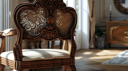 A close-up of an antique wooden chair with an intricate design on the back. The chair is upholstered in a beige fabric and has a detailed wooden frame.