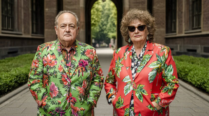 Fototapeta premium Elegance in the City Wealthy Elderly Tourists Dressed in Vibrant Fashion Stroll Through the Urban Streets Exuding Confidence Style, and a Love for Luxurious Travel