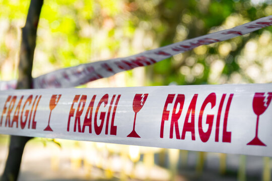 a ribbon that says fragile in the Spanish language and with a broken cup figure in red, tied to a tree out of focus as well as the green background, care concept