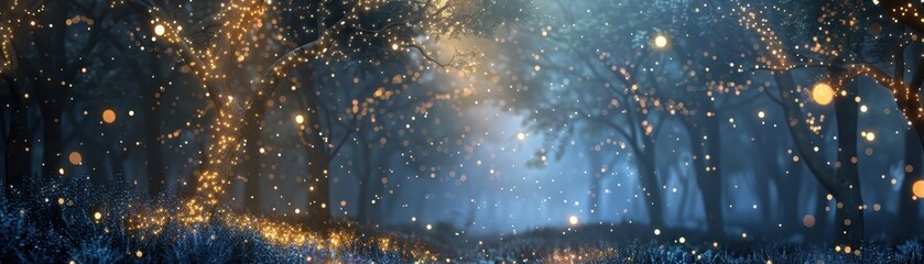 Enchanting forest at night with glowing lights, creating a magical and mystical atmosphere. Serene, peaceful scene perfect for fantasy themes.