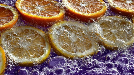   A cluster of juicy orange slices rests on the purple countertop, glistening with water and moisture