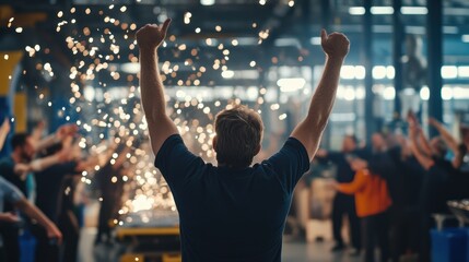 Man Celebrates Success With His Team in a Factory