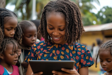 Engaged students explore digital learning in a vibrant classroom environment