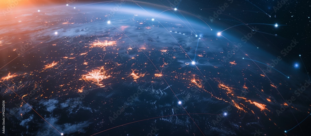 Poster A breathtaking view of Earth from space, showcasing global communication networks with illuminated cities and connected nodes. The image highlights technological advancement and global connectivity.