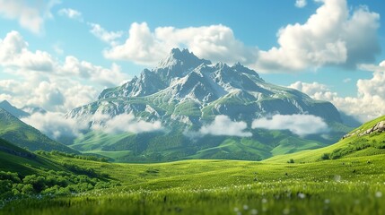 Naklejka premium A verdant valley nestled amidst majestic snow-capped mountains