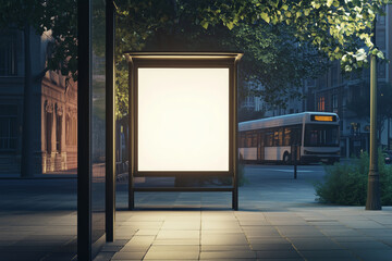 A blank billboard stands waiting for creative ideas at a bus stop in a serene urban setting during twilight
