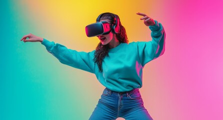 A young woman dressed in a turquoise sweatshirt and jeans enthusiastically dances while immersed in a virtual reality experience, set against a colorful and dynamic backdrop.
